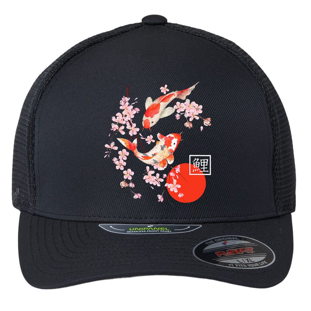 Cherry Blossom Koi Carp Fish Japanese Sakura Graphic Art Flexfit Unipanel Trucker Cap