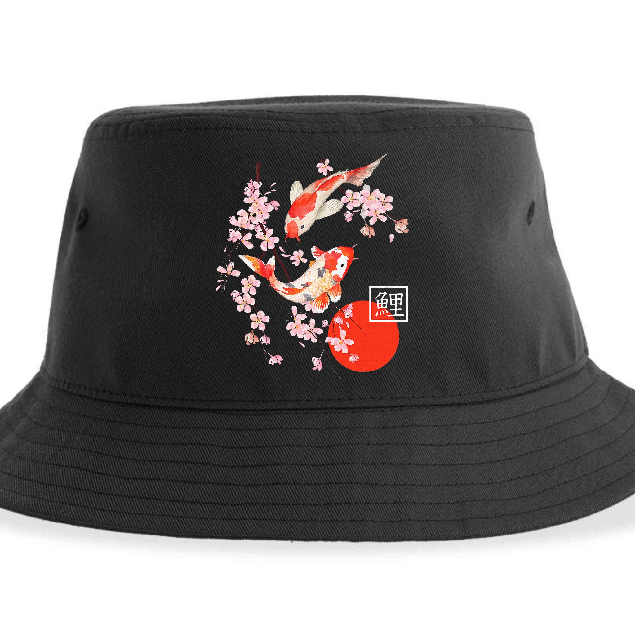 Cherry Blossom Koi Carp Fish Japanese Sakura Graphic Art Sustainable Bucket Hat