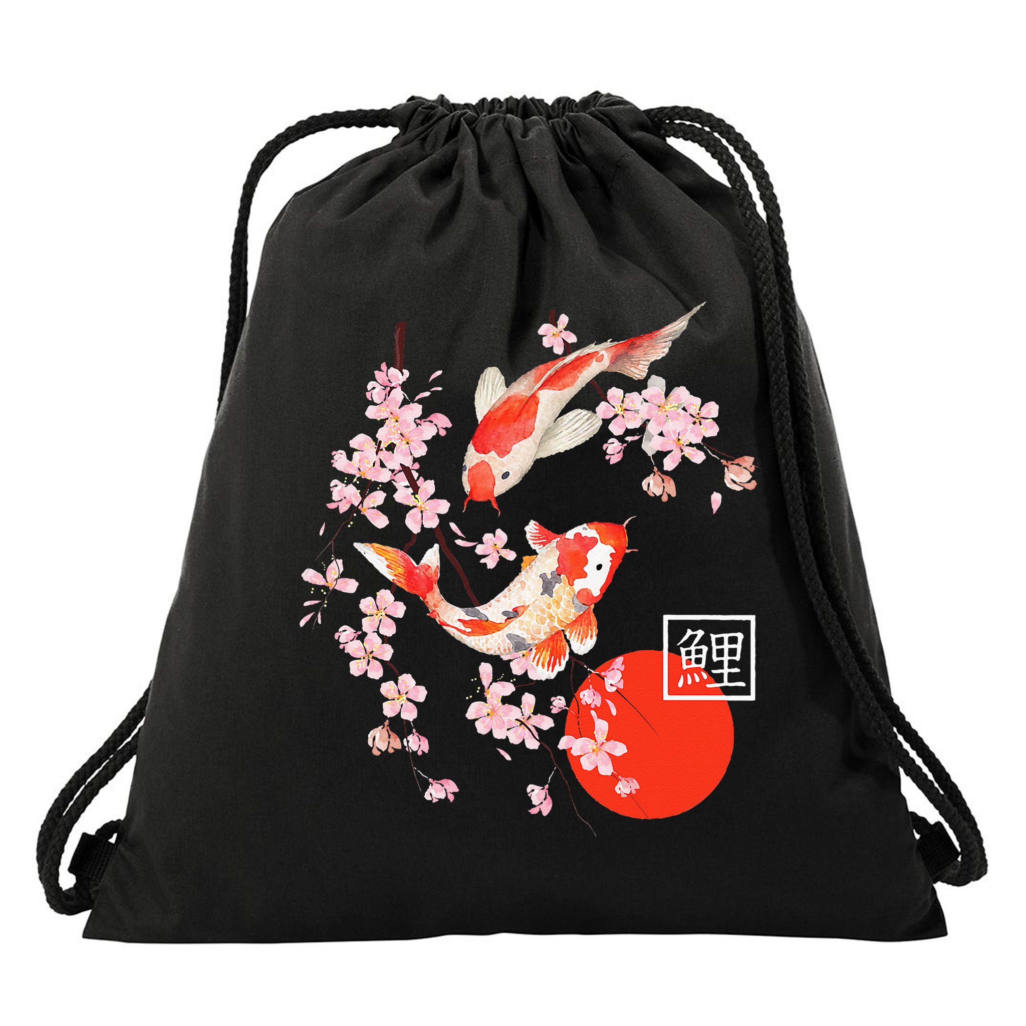 Cherry Blossom Koi Carp Fish Japanese Sakura Graphic Art Drawstring Bag