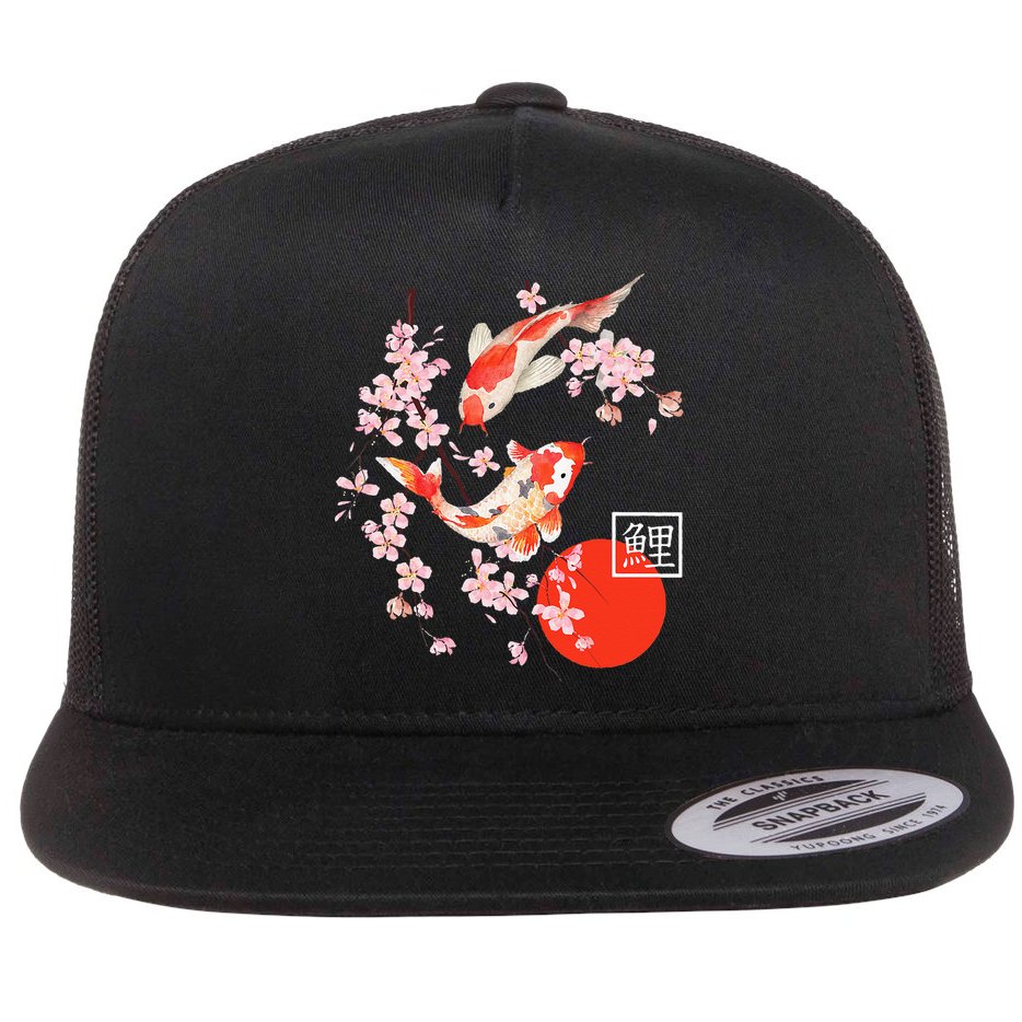 Cherry Blossom Koi Carp Fish Japanese Sakura Graphic Art Flat Bill Trucker Hat