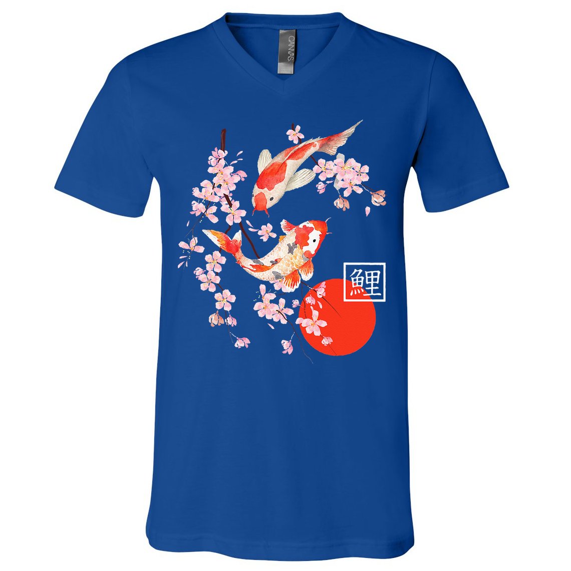 Cherry Blossom Koi Carp Fish Japanese Sakura Graphic Art V-Neck T-Shirt