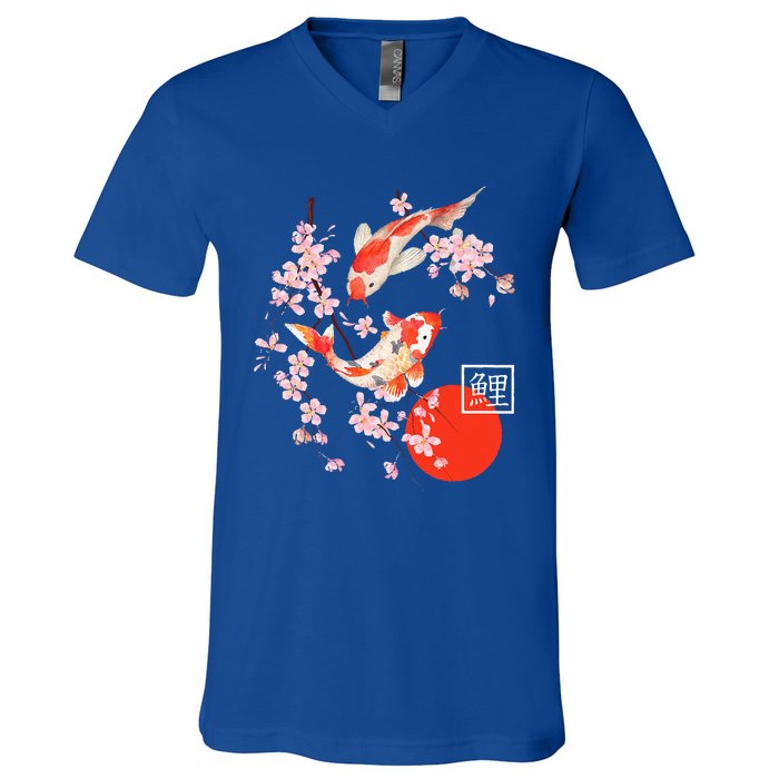 Cherry Blossom Koi Carp Fish Japanese Sakura Graphic Art V-Neck T-Shirt