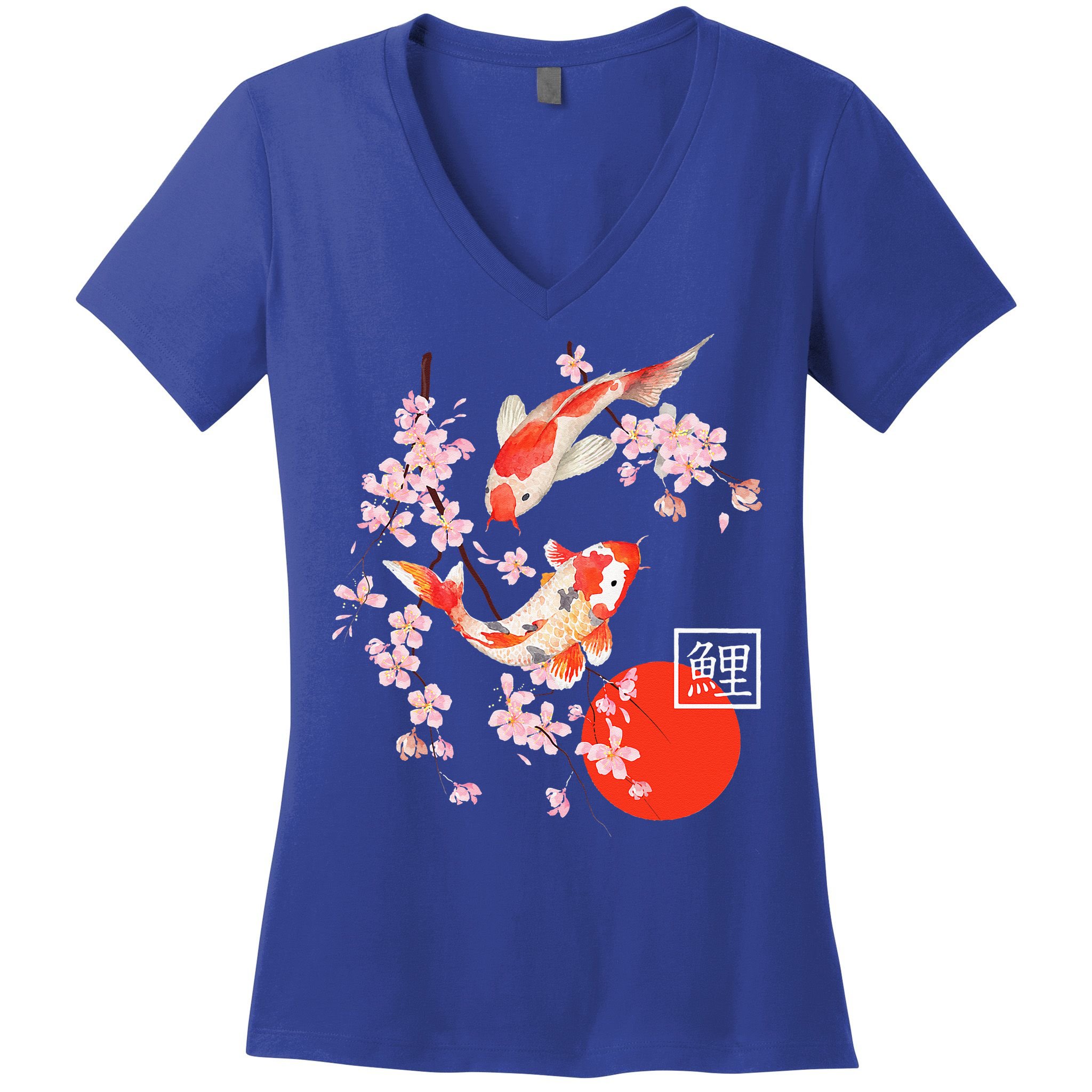 Cherry Blossom Koi Carp Fish Japanese Sakura Graphic Art Women's V-Neck T-Shirt