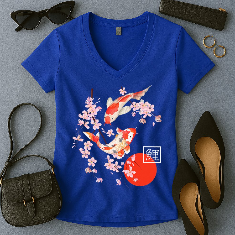 Cherry Blossom Koi Carp Fish Japanese Sakura Graphic Art Women's V-Neck T-Shirt