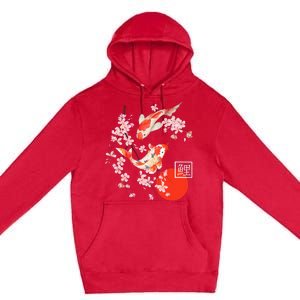 Cherry Blossom Koi Carp Fish Japanese Sakura Graphic Art Premium Pullover Hoodie