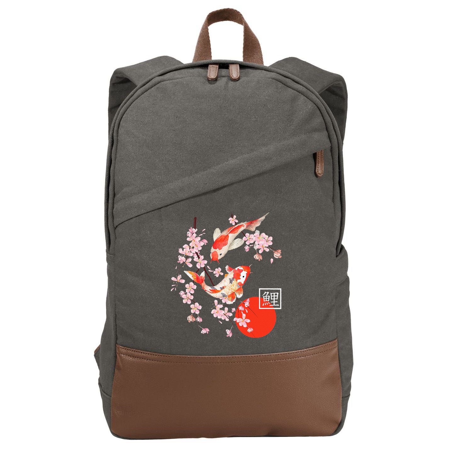 Cherry Blossom Koi Carp Fish Japanese Sakura Graphic Art Cotton Canvas Backpack