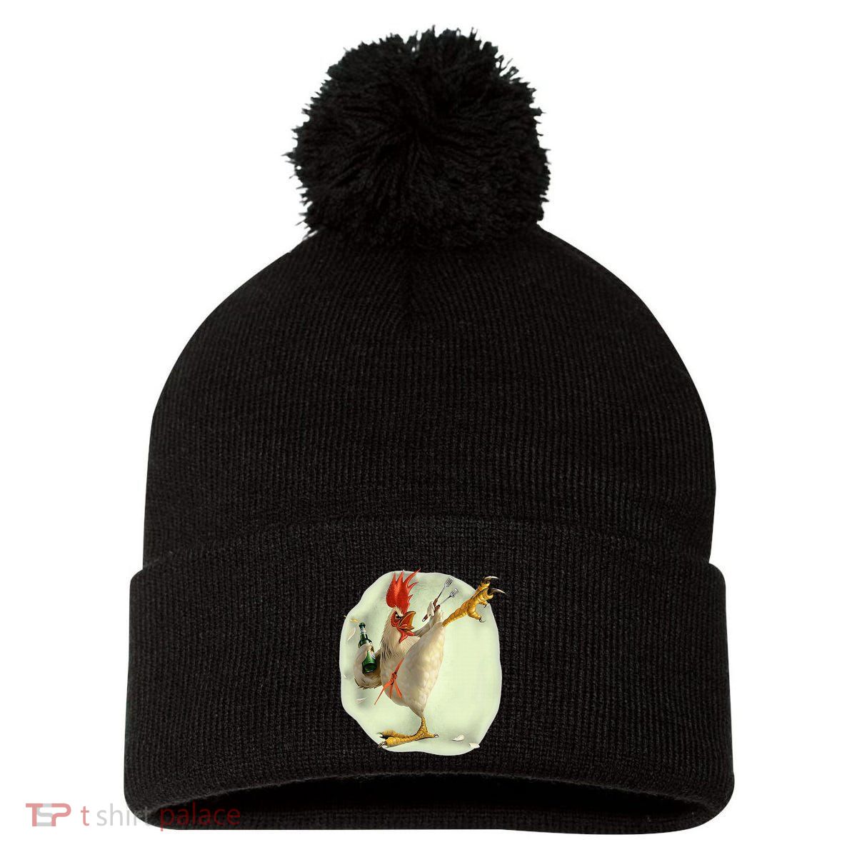 Chicken Beer Karate Kick Cool Chicken Pom Pom 12in Knit Beanie
