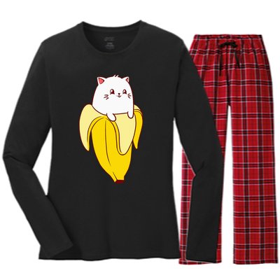 Cat Banana Kitten Lover Funny Kawaii Neko Pet Owner Women's Long Sleeve Flannel Pajama Set 