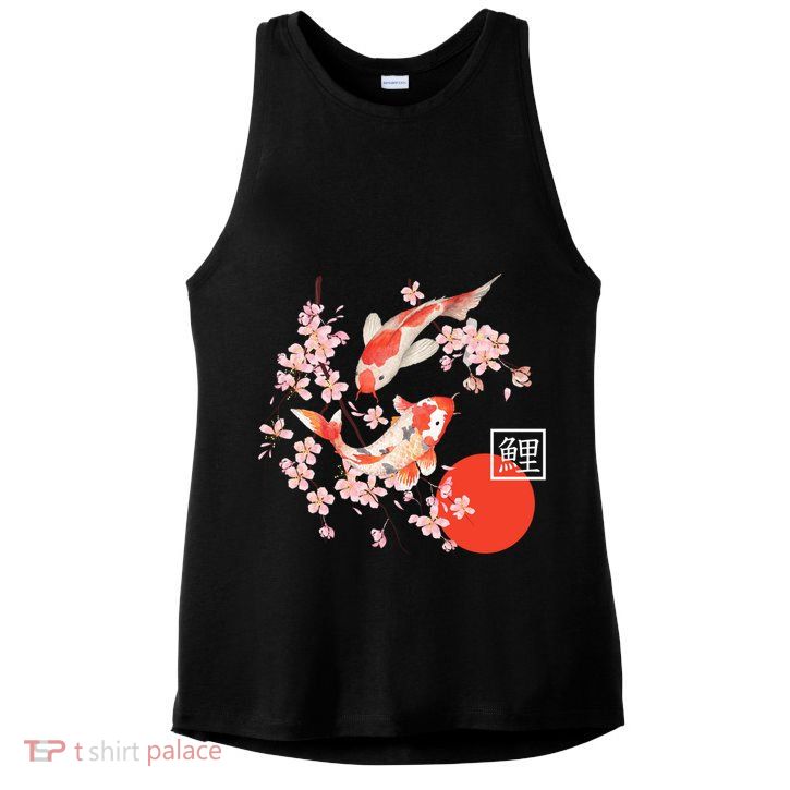Cherry Blossom Koi Carp Fish Japanese Sakura Graphic Art Ladies PosiCharge Tri-Blend Wicking Tank