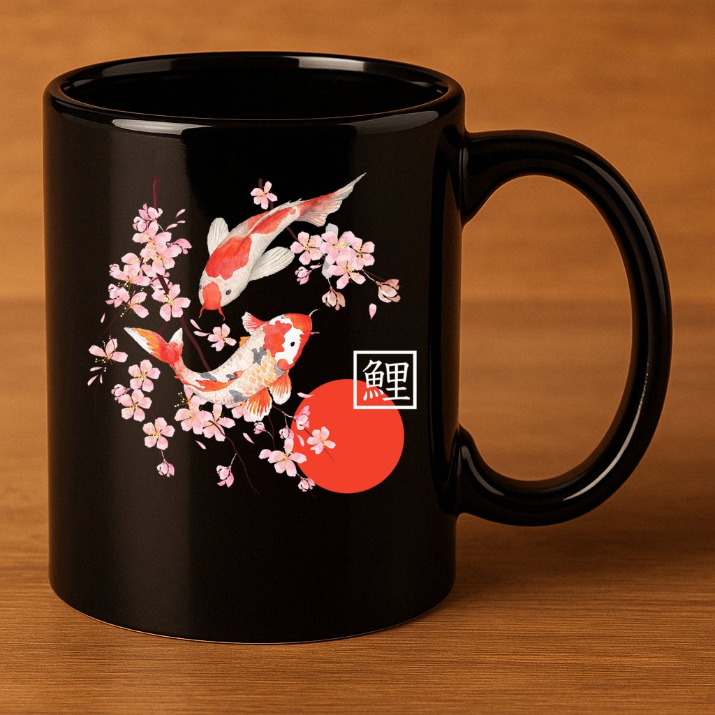 Cherry Blossom Koi Carp Fish Japanese Sakura Graphic Art 11oz C Handle Ceramic Mug