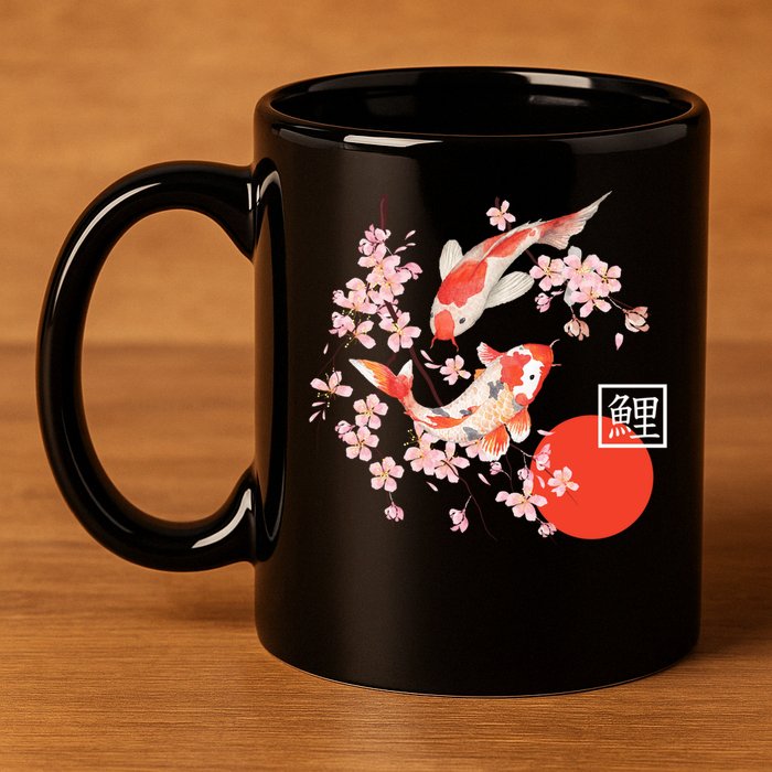 Cherry Blossom Koi Carp Fish Japanese Sakura Graphic Art 11oz C Handle Ceramic Mug