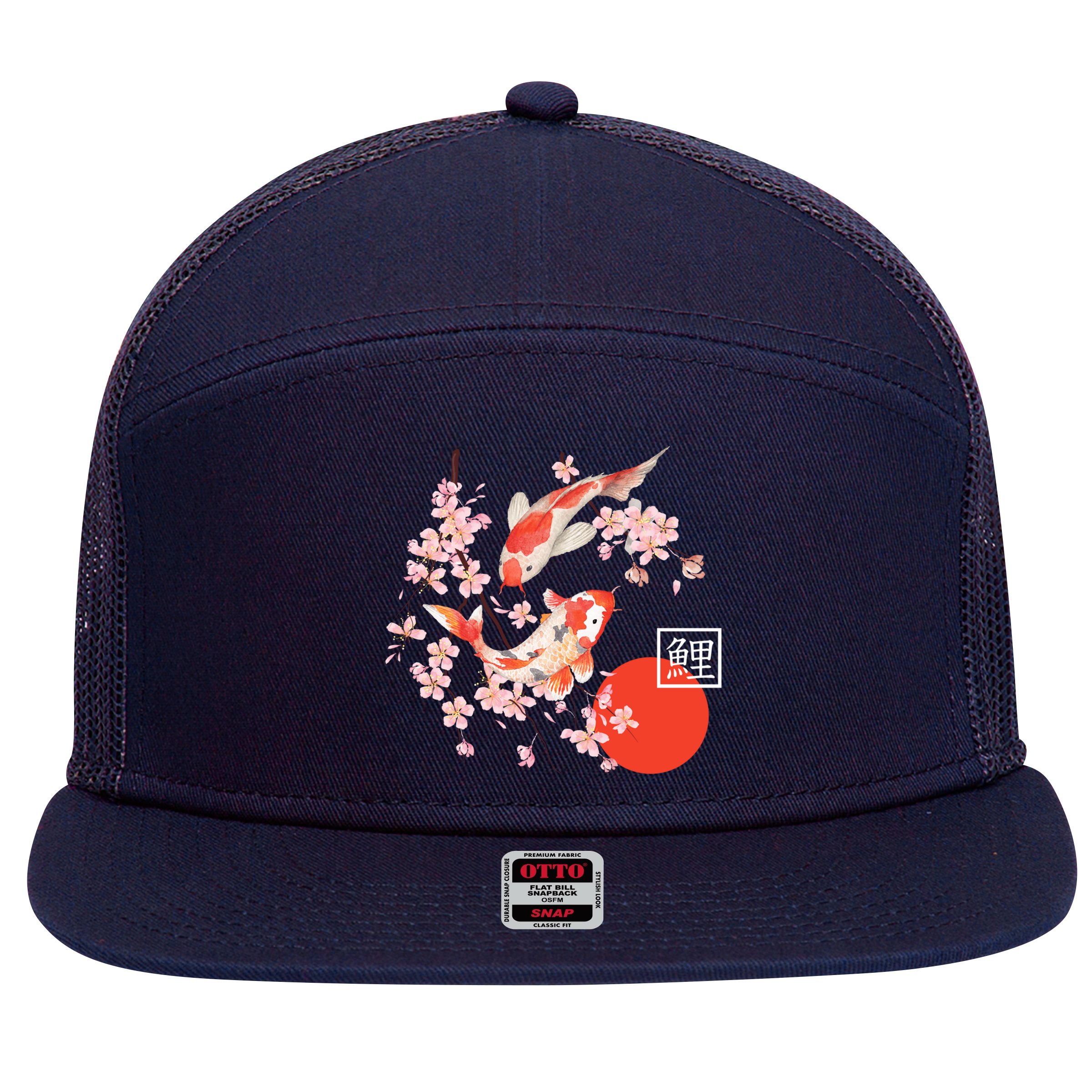 Cherry Blossom Koi Carp Fish Japanese Sakura Graphic Art 7 Panel Mesh Trucker Snapback Hat