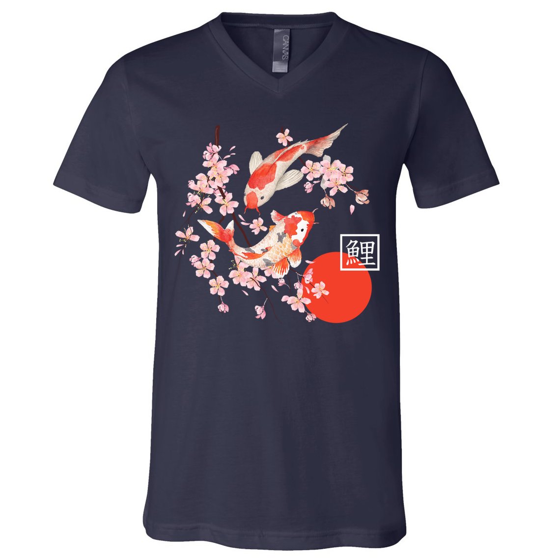 Cherry Blossom Koi Carp Fish Japanese Sakura Graphic Art V-Neck T-Shirt