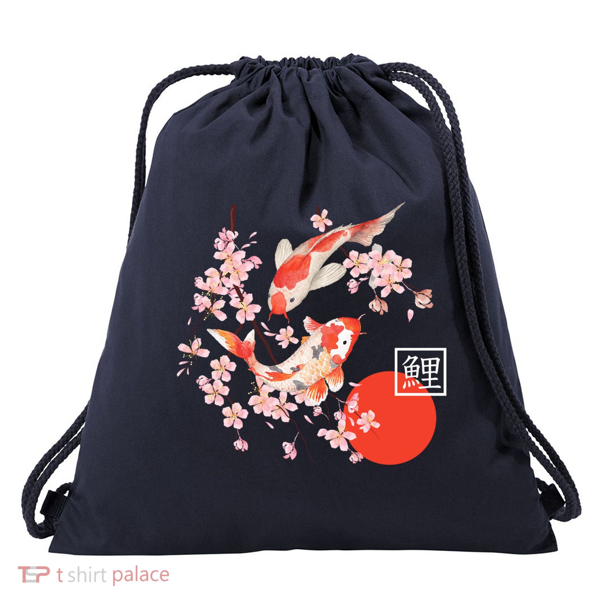 Cherry Blossom Koi Carp Fish Japanese Sakura Graphic Art Drawstring Bag