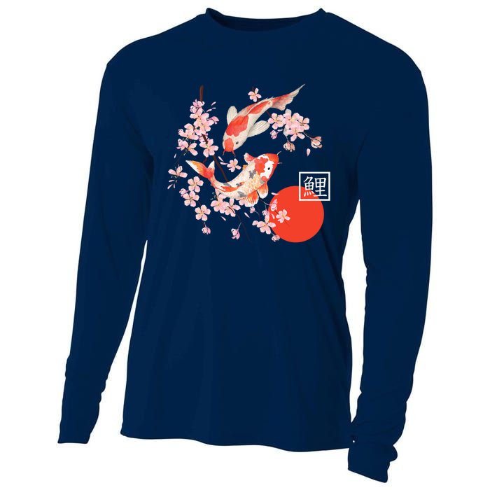 Cherry Blossom Koi Carp Fish Japanese Sakura Graphic Art Cooling Performance Long Sleeve Crew