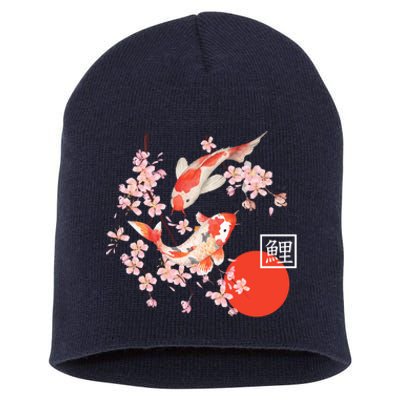 Cherry Blossom Koi Carp Fish Japanese Sakura Graphic Art Short Acrylic Beanie