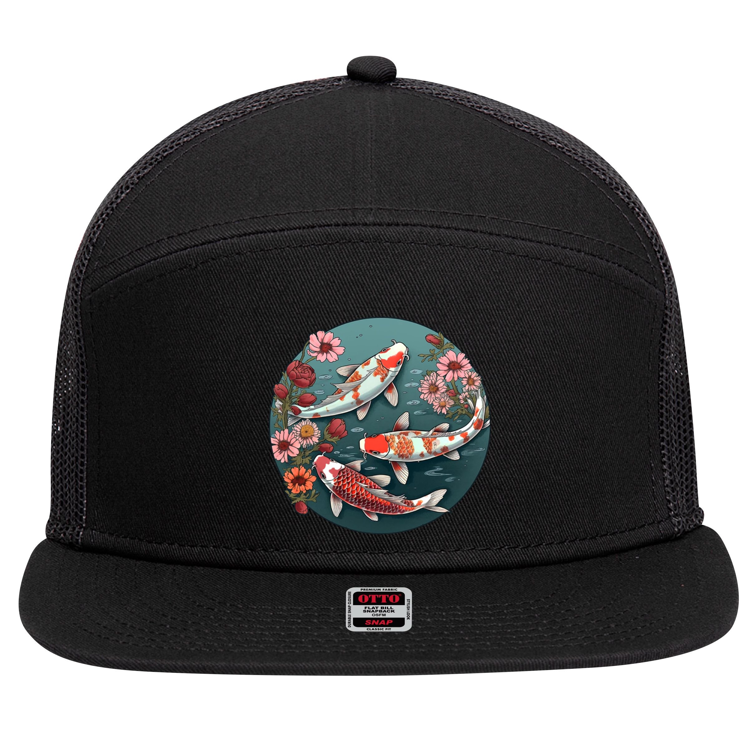 Cherry Blossom Koi Fish Japanese 7 Panel Mesh Trucker Snapback Hat