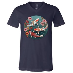 Cherry Blossom Koi Fish Japanese V-Neck T-Shirt