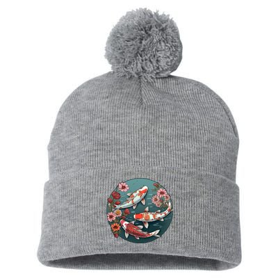 Cherry Blossom Koi Fish Japanese Pom Pom 12in Knit Beanie