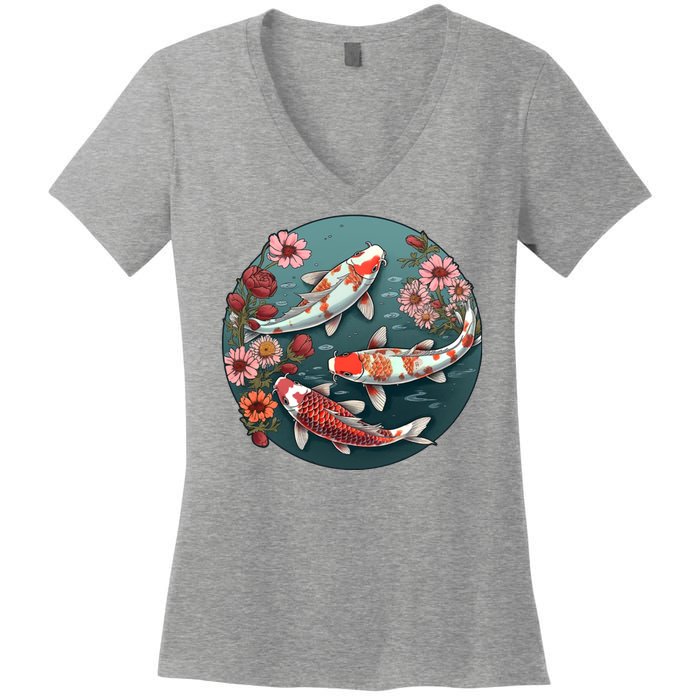 Cherry Blossom Koi Fish Japanese Women's V-Neck T-Shirt