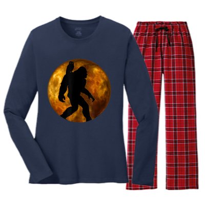 Cool Bigfoot Lovers Design With Full Moon Bigfoot Women's Long Sleeve Flannel Pajama Set 