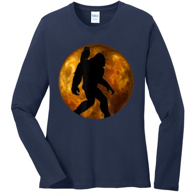 Cool Bigfoot Lovers Design With Full Moon Bigfoot Ladies Long Sleeve Shirt