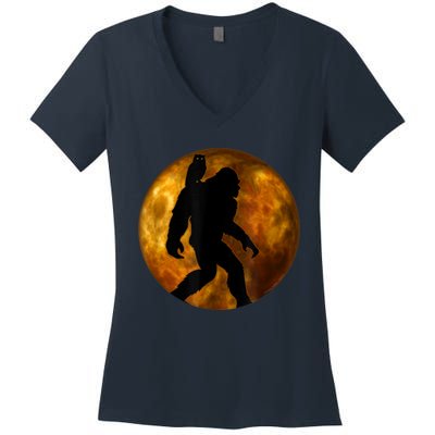 Cool Bigfoot Lovers Design With Full Moon Bigfoot Women's V-Neck T-Shirt