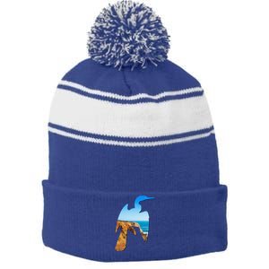 Cormorant Bird Lovers Silhouette Earth Day And Ocean Week Gift Stripe Pom Pom Beanie