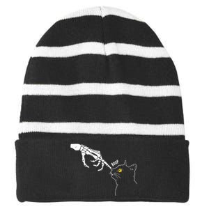 Cat Black Lover Skeleton Hand Boop Funny Halloween Striped Beanie with Solid Band