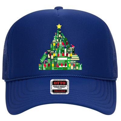 Christmas Book Lover Xmas Tree Reading Nerd Great Gift High Crown Mesh Back Trucker Hat