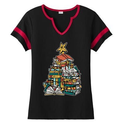 Christmas Book Lover Xmas Tree Reading Nerd Cool Gift Ladies Halftime Notch Neck Tee