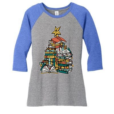 Christmas Book Lover Xmas Tree Reading Nerd Cool Gift Women's Tri-Blend 3/4-Sleeve Raglan Shirt