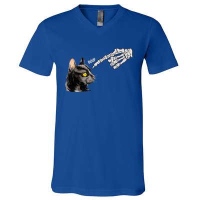 Cat Black Lover Skeleton Hand Boop Funny Halloween Kitten Gift V-Neck T-Shirt