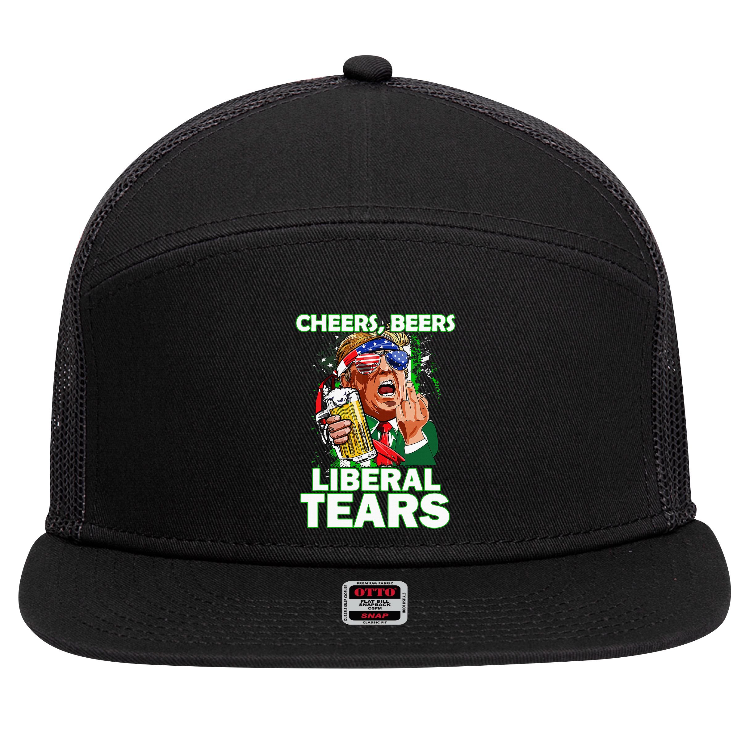 Cheers Beers Liberal Tears Trump Holding Beer 7 Panel Mesh Trucker Snapback Hat