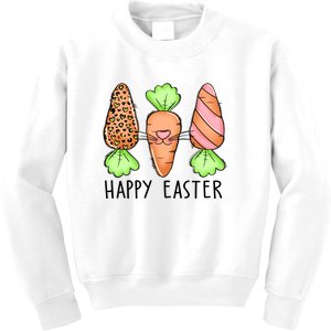 Cute Bunny Leopard Plaid Carrots Egg Hunting Happy Easter Day Kids Sweatshirt