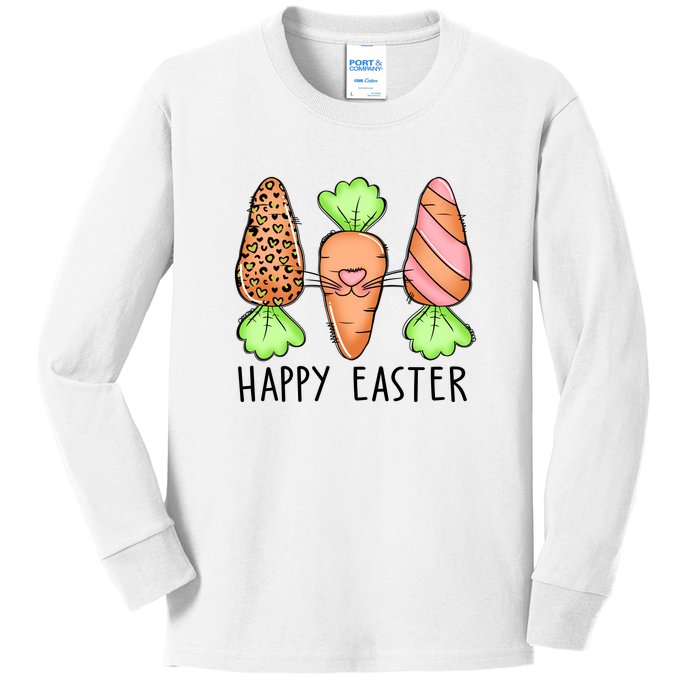 Cute Bunny Leopard Plaid Carrots Egg Hunting Happy Easter Day Kids Long Sleeve Shirt