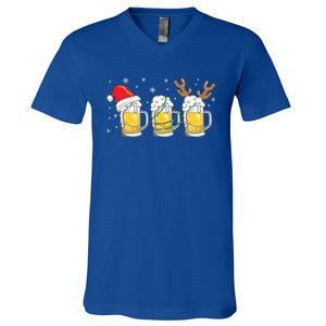 Christmas Beer Mugs Reinbeer Santa Hat Xmas Lights Costume Cool Gift V-Neck T-Shirt