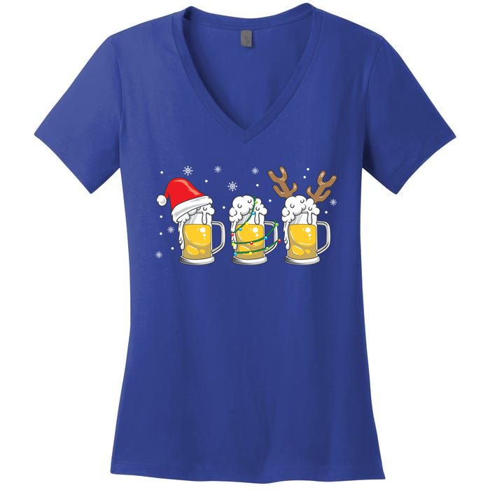 Christmas Beer Mugs Reinbeer Santa Hat Xmas Lights Costume Cool Gift Women's V-Neck T-Shirt