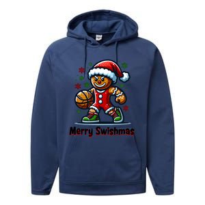 Christmas Basketball Merry Swishmas Funny Gingerbread Man Performance Fleece Hoodie