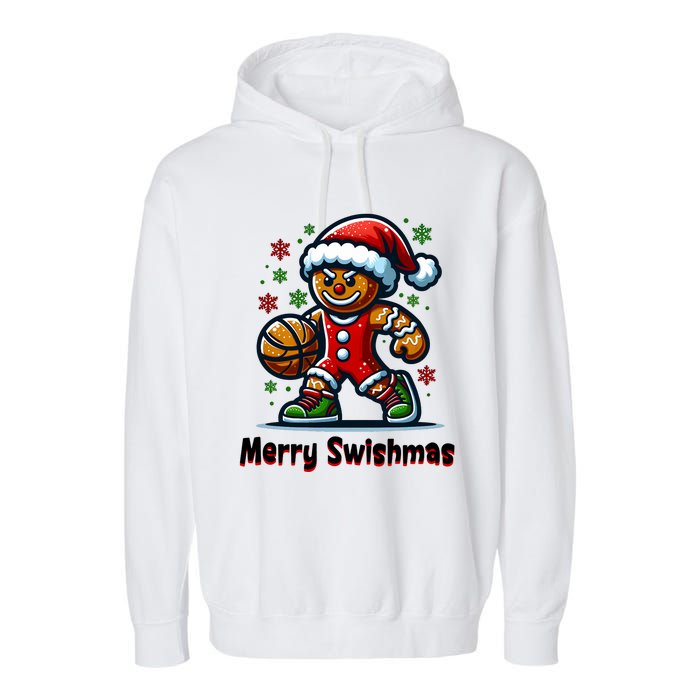 Christmas Basketball Merry Swishmas Funny Gingerbread Man Garment-Dyed Fleece Hoodie