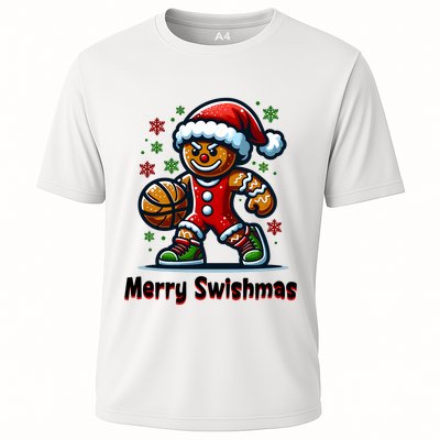 Christmas Basketball Merry Swishmas Funny Gingerbread Man Cooling Performance Crew T-Shirt
