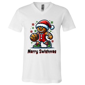 Christmas Basketball Merry Swishmas Funny Gingerbread Man V-Neck T-Shirt