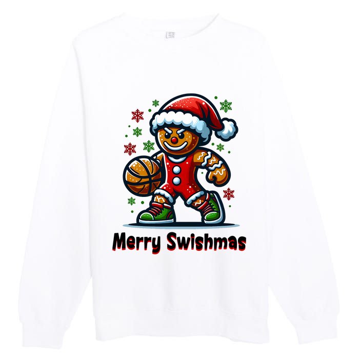 Christmas Basketball Merry Swishmas Funny Gingerbread Man Premium Crewneck Sweatshirt