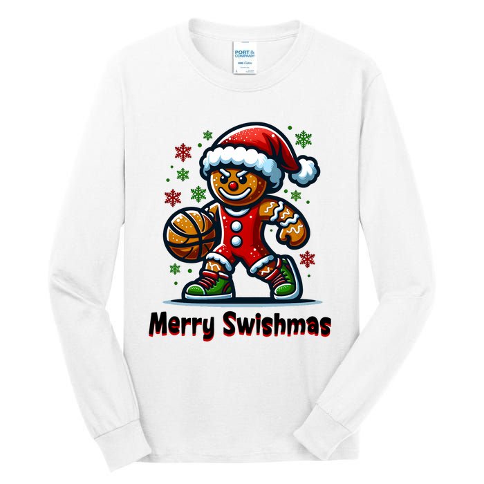 Christmas Basketball Merry Swishmas Funny Gingerbread Man Tall Long Sleeve T-Shirt