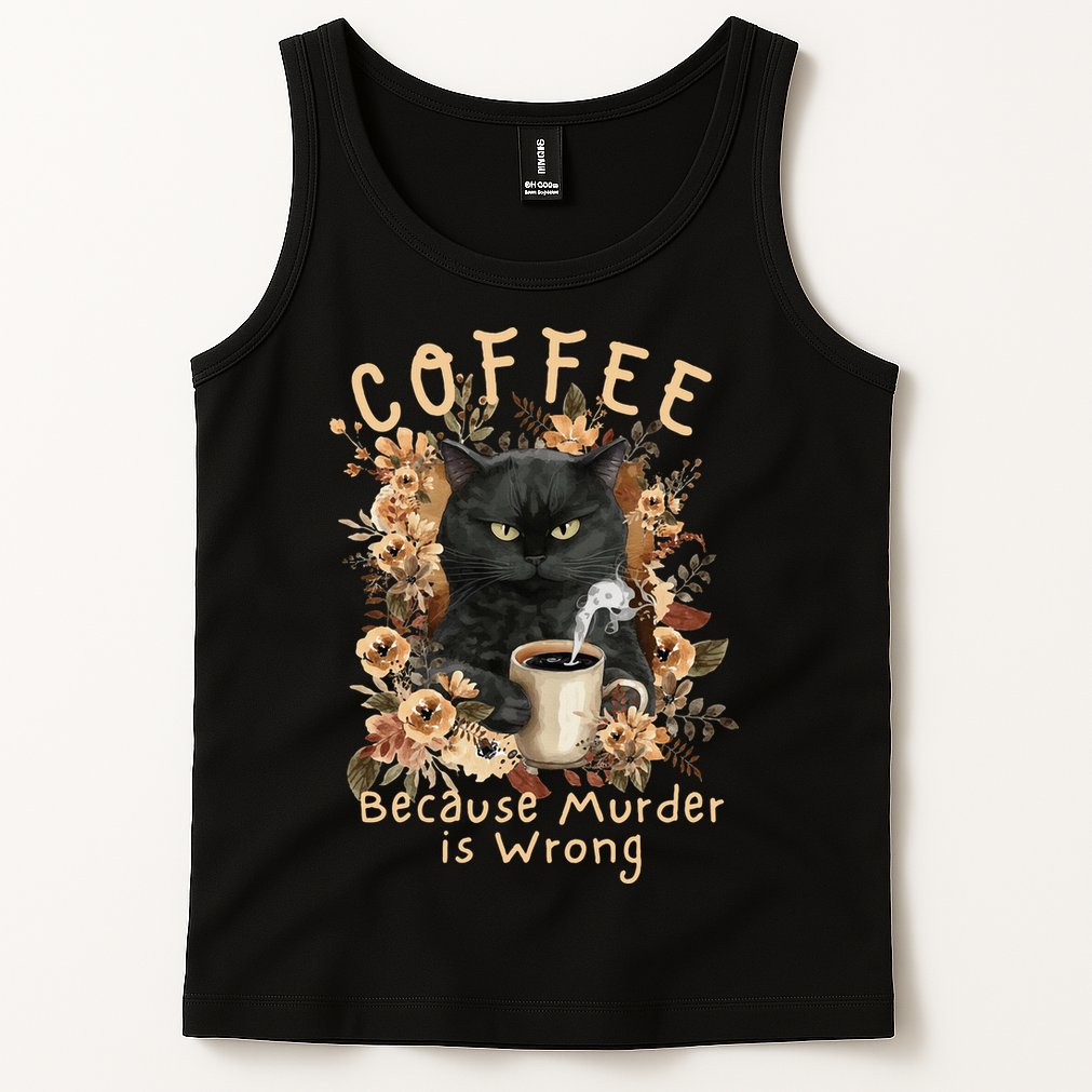 Coffee Because Murder is Wrong Sarcastic Angry Black Cat Tank Top