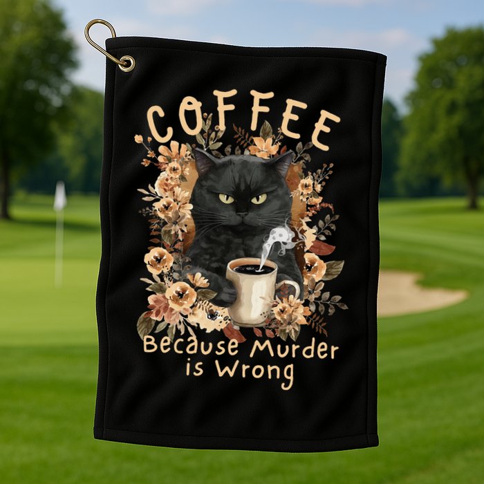 Coffee Because Murder is Wrong Sarcastic Angry Black Cat Golf Towel