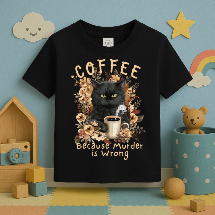 Coffee Because Murder is Wrong Sarcastic Angry Black Cat Toddler T-Shirt