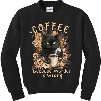 Coffee Because Murder is Wrong Sarcastic Angry Black Cat Kids Sweatshirt