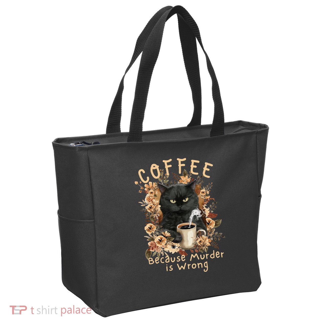 Coffee Because Murder is Wrong Sarcastic Angry Black Cat Zip Tote Bag