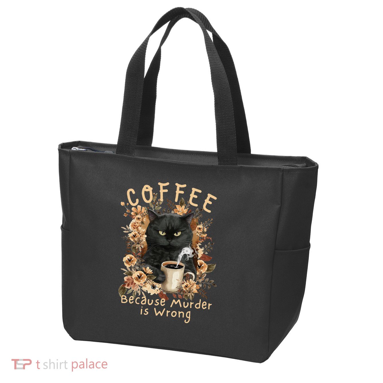 Coffee Because Murder is Wrong Sarcastic Angry Black Cat Zip Tote Bag